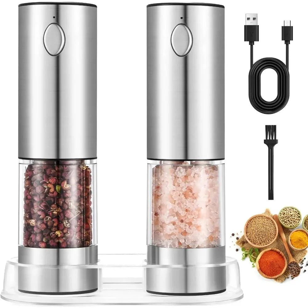 Lisslune | USB rechargeable electric salt and pepper mill set with adjustable grinding positions and illuminated LED