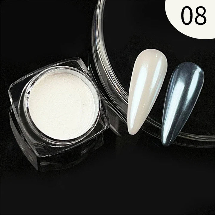 Rynx | Aurora Pearl White Nails Glitter Dust Chrome Gradient Rubbing on Powder Mirror Reflective Magnetic Pigment Nail Art Decorations