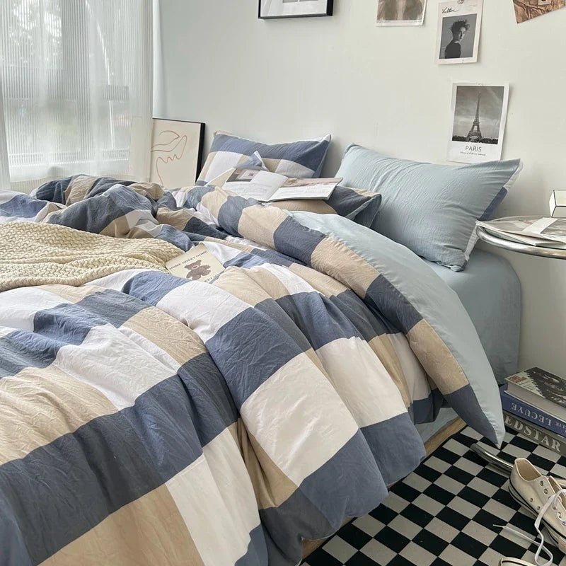 Rynx | Bedding washed cotton striped grid minimalist bed sheet set duvet sets queen duvet double for boys and girls