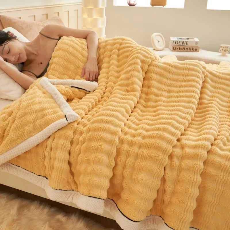 Rynx Artificial Rabbit Plush Autumn Winter Warm Blanket Striped Fluffy Warmth Sofa Blankets Soft Absorbent Breathable Nap Blanket
