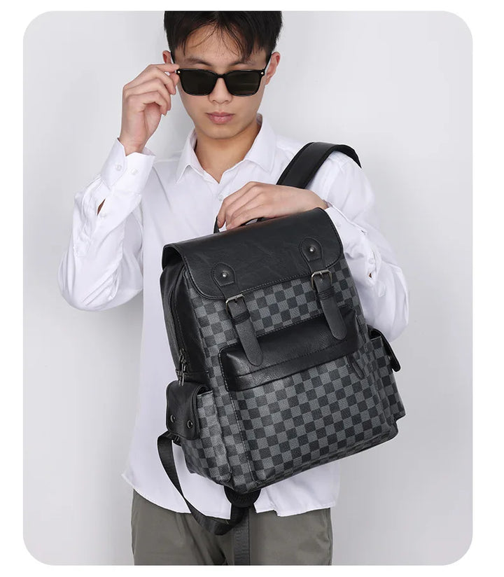 Lisslune | Trendy Checkered Business Versatile Men's Backpack Travel Large Capacity Luxury Brand Design Backpack Men PU Leather School Backpack