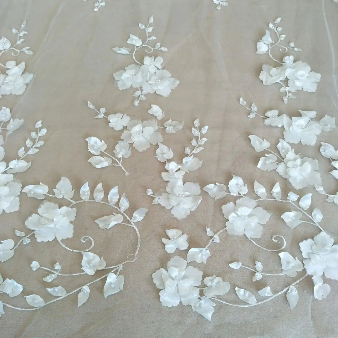 Lisslune | Elegant Ivory 3D Lace Fabric for Couture Wedding Dresses - 130cm wide, Price per Yard