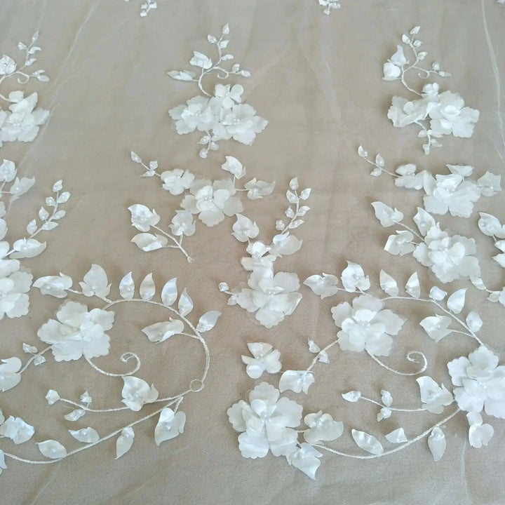 Lisslune | Elegant Ivory 3D Lace Fabric for Couture Wedding Dresses - 130cm wide, Price per Yard
