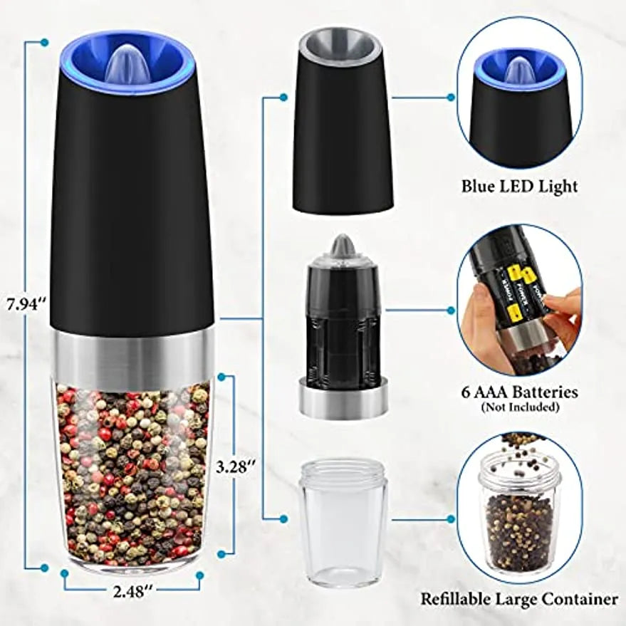 Lisslune | Effortless Electric Salt and Pepper Grinder - Automatic Gravity Spice Mill and Cumin Grinder, Essential Kitchen Gadgets for Cooking and Seasoning