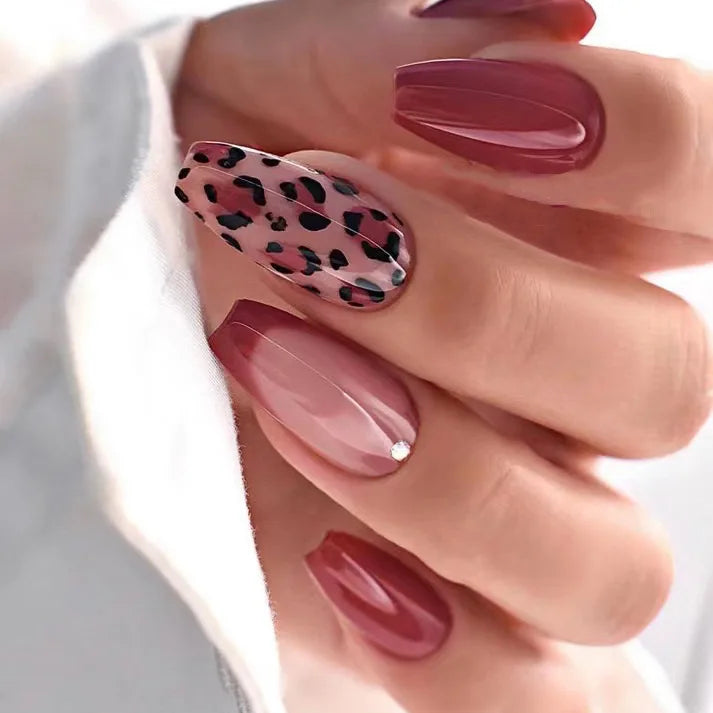 Rynx | Brown Leopard Gradient French Nail Art Red Bow Pearls False Nails Removable Ready-Made False Nails To Stick With Glue