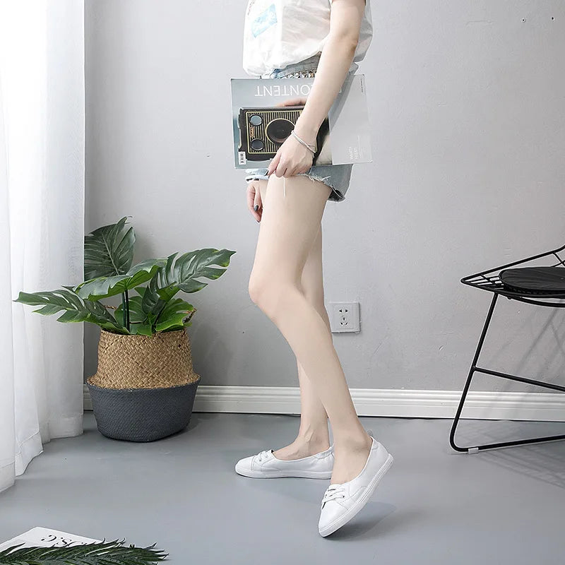 Lisslune | 100% Genuine Leather Shoes Women Flat Casual Shoes Soft Cowhide White Flats