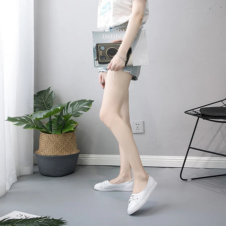 Lisslune | 100% Genuine Leather Shoes Women Flat Casual Shoes Soft Cowhide White Flats