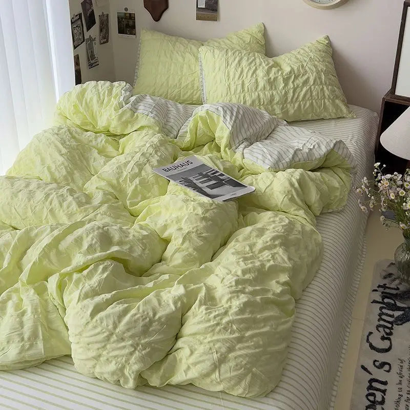 Rynx | Seersucker Princess Girl Bed Linen Set Duvet Cover Korean Four-Piece Washed Cotton Bed Sheet Blanket Set