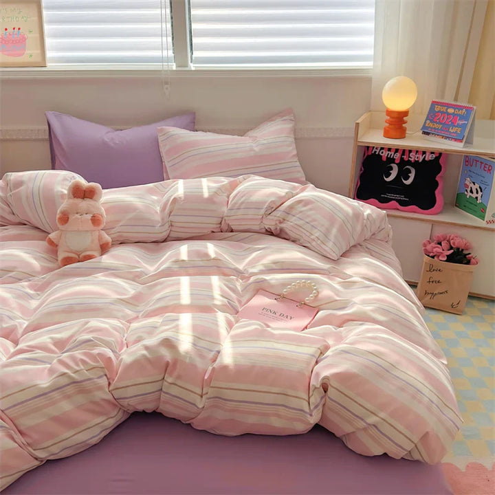 Rynx | INS Stripes Bedding Comforter Set Pillowcase Bed Sheet Twin Full Size Bedding Duvet Set Queen/King Double Twin