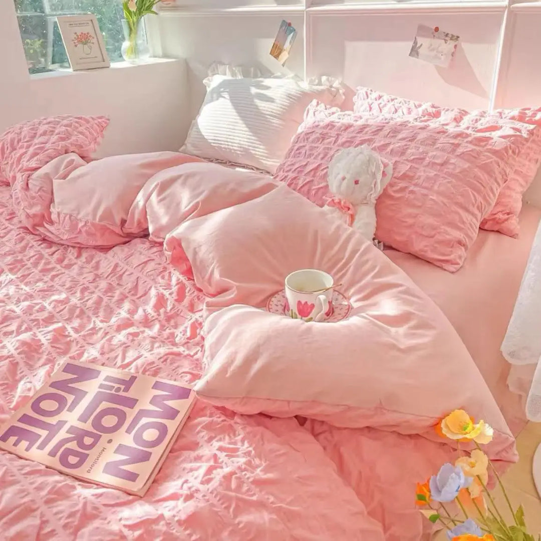 Rynx | Princess Bedding Set French Style Wash Cotton Uni Seersucker Summer Soft 2024 New Bed Sheet Set Blanket Set