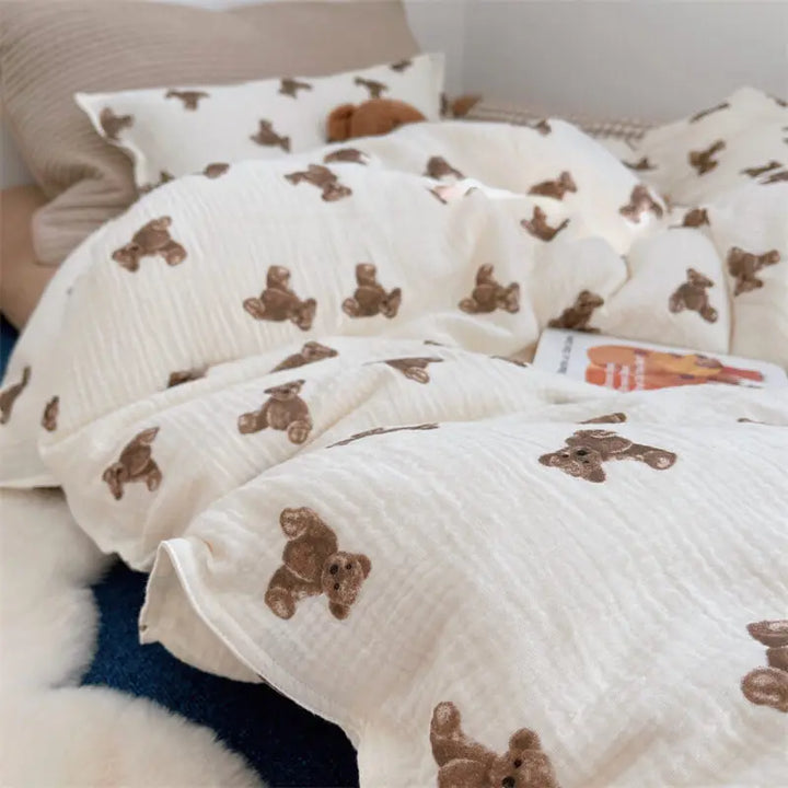 Rynx | 3PCS Cotton Muslin Bed Linen Set With Teddy Bear Print High Quality Muslin Bed Linen Twin Size