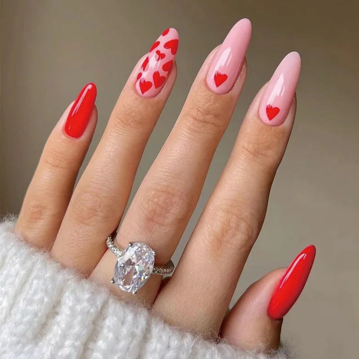 Rynx | Red Love Heart French Sweet Nail Art Nude Pink Artificial Nails Removable Finished Fingernails Valentine's Day Gift Press-on Nails With Glue