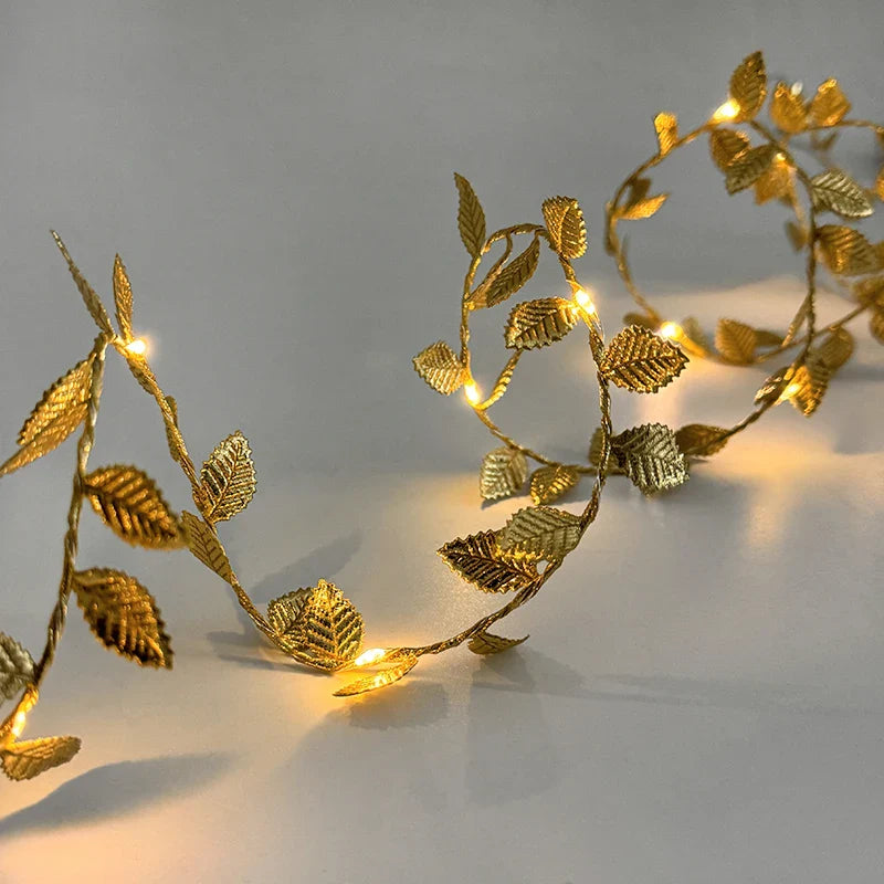 Rynx 2M 20LED Golden Leaves String Lights Fairy Lights for Wedding Birthday Party Decoration Home Garden Artificial Plants Garland Wine Light