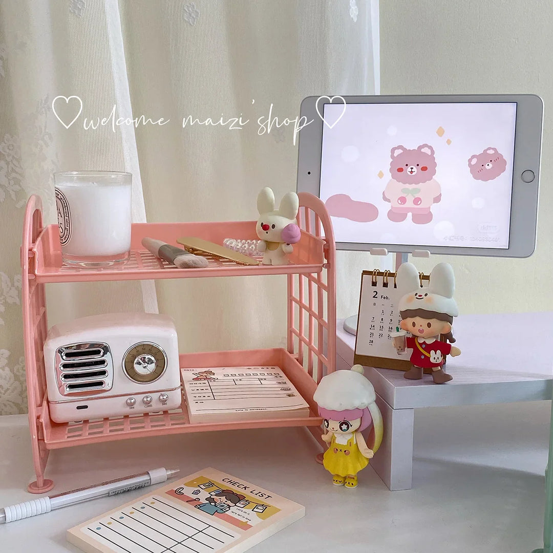 Rynx | Sweet Room Storage Organizer Storage Shelf Kawaii 2-Layer Desktop Cosmetic Jewelry Storage Shelf Bathroom Shelf Storage Rack