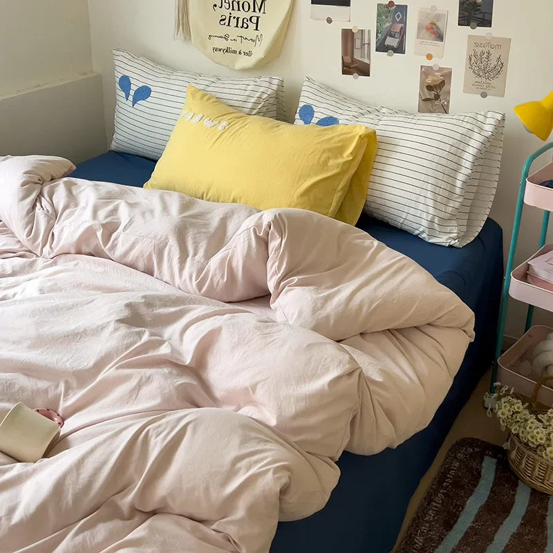 Rynx | INS Purple Bedding Set Girls Soft Washed Cotton Embroidered Sheet Set Queen King Size Duvet Cover Set with Pillowcases