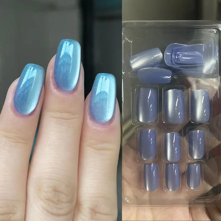 Rynx | Gray Sparkling Cat Eye Sweet Bow Nail Art Solid Color False Nails Removable Ready False Nails Press-on Nails with Glue
