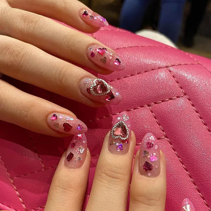 Rynx | Red Love Heart French Sweet Nail Art Nude Pink Artificial Nails Removable Finished Fingernails Valentine's Day Gift Press-on Nails With Glue