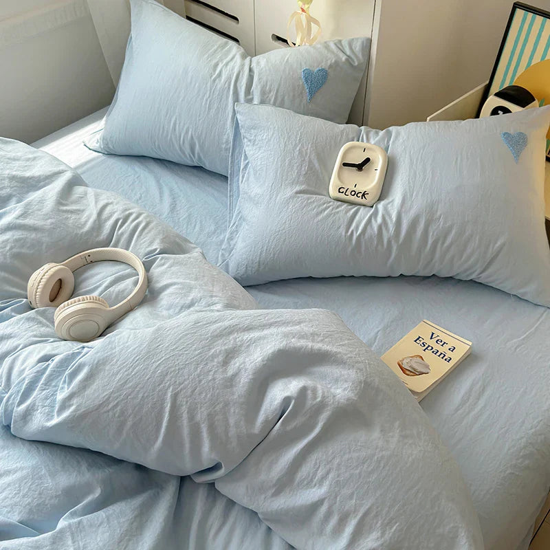 Rynx | Sweet Blue Heart Bedding Set in Nordic Embroidery Bed Sheet Set of Four Pieces for Home Luxurious Duvet Cover Set for Girls