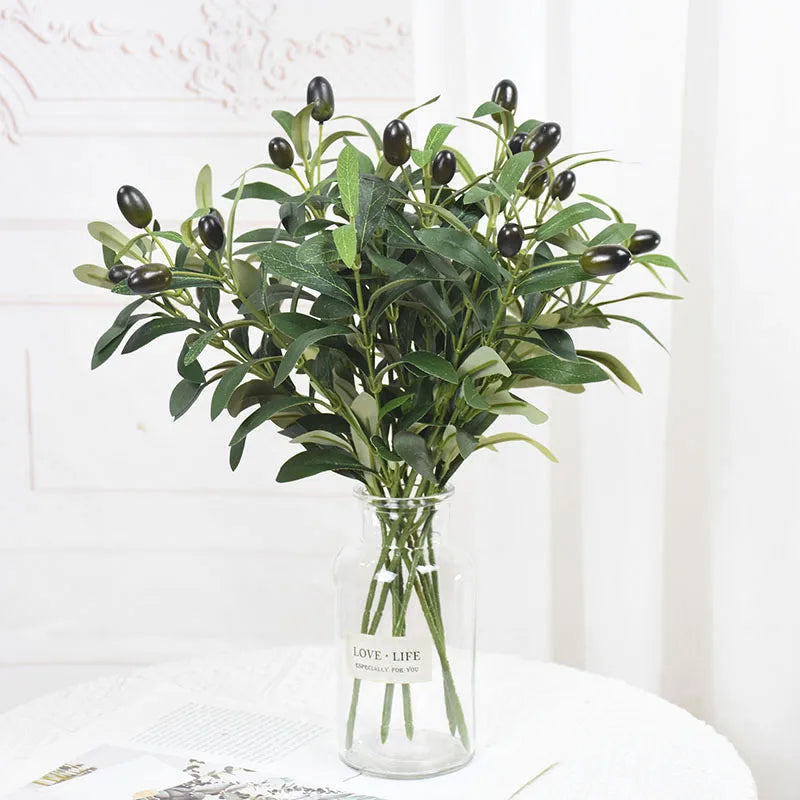 Rynx 1/3 Piece Artificial Olive Leaves Tree Branch Green Plant with Fruits for Home Garden Vase Decoration Wedding Bouquet Silk Flowers