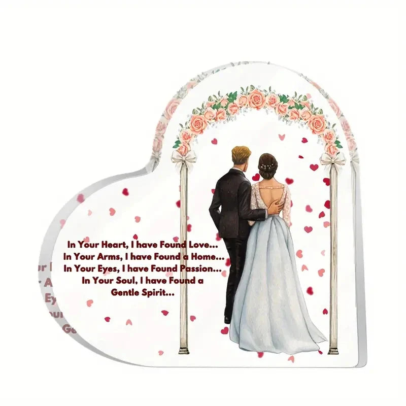 Rynx | Woman Husband Flower Pattern Acrylic Heart Plate Wedding Anniversary Gift for Loved One Living Room Memory Table Decoration