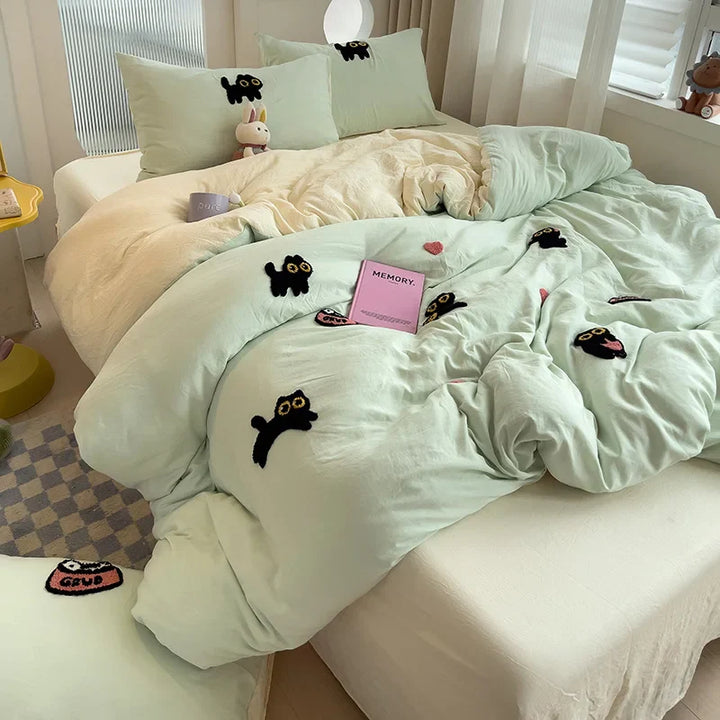 Rynx | Bedding set Super soft washed cotton towel embroidery duvet cover four-piece set - Lucky cat series