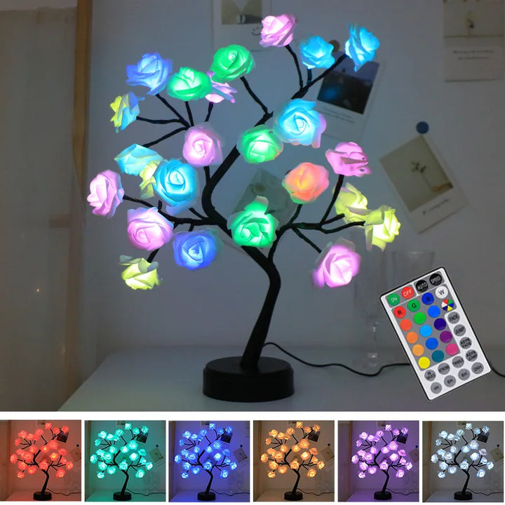 Lisslune | RGB Rose Flower Tree Lights 24LED USB Battery Table Lamp Fairy Night Light Home Party Christmas Wedding Bedroom Decoration Gift