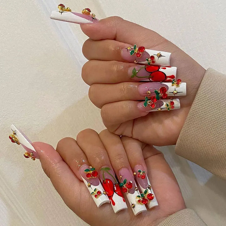 Rynx | 20 pieces/bag 3D Cherry Nail Charms Red & Pink Cherry Nail Rhinestones Nail Gemstones Nail Glitter Stud Fruit Nail Slices for Nail Jewelry
