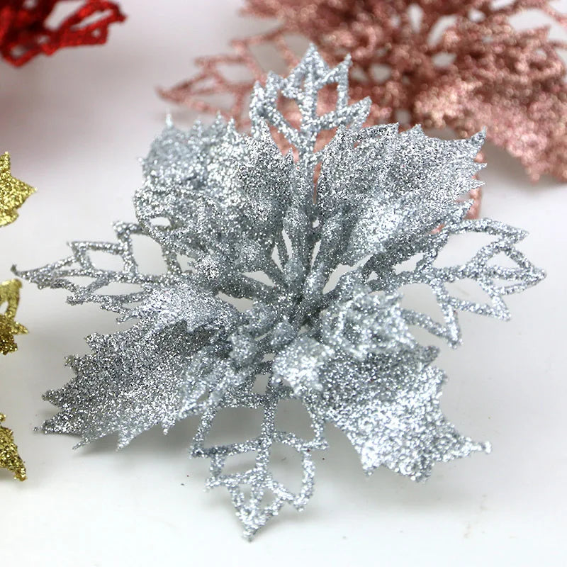 Rynx | (10 pieces) Artificial Christmas Tree Flowers Glitter Decorations Xmas Ornament New Year Gift