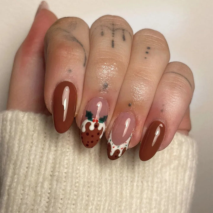 Rynx | Red Holly Brown Solid Color Christmas Nail Art Almond Shaped Artificial Nails Removable Pre-made Joints Press-On Nails with Glue