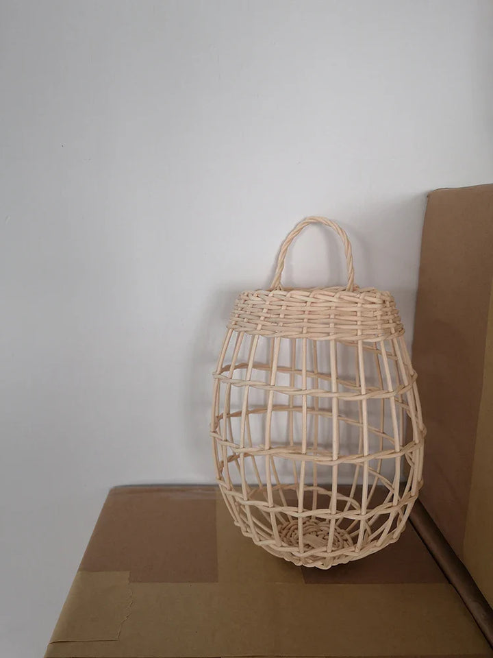 Rynx | Handcrafted Rattan Storage Basket Hanging Organizer with Handle Flower Fruit Vegetable Holder Support Home Kitchen Wall Decoration