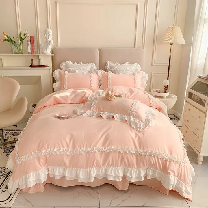 Rynx Elegant Lace Bedding Sets Luxury Bedding Princess Washed Cotton Ruffle Duvet Cover Bed Sheet and Pillowcases for Girls Luxury