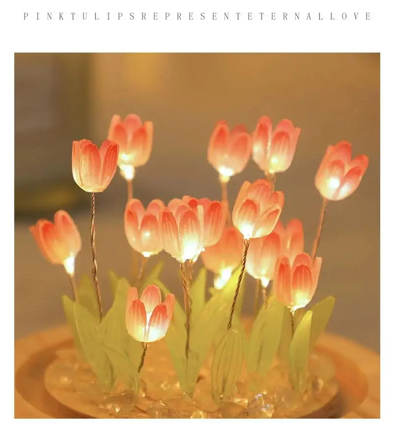 Rynx | Artificial Tulip Flowers Night Light Ornaments Handmade DIY Nightstand LED Night Lamp Bedroom Desk Decor Birthday Gifts Table Lamp