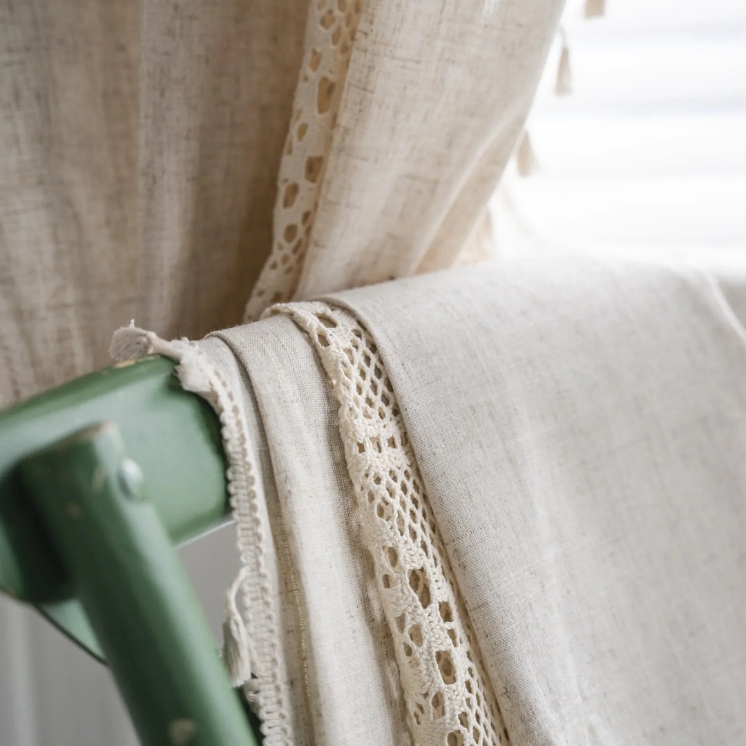 Rynx Linen Blend Jute Lace Curtains Street Bag Shade Curtain Fringe for Kitchen Bedroom Living Room Bay Window Cabinet Curtain