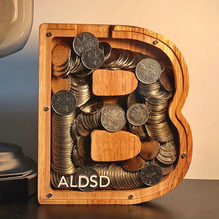 Lisslune | Wooden Alphabet Piggy Bank with Transparent Viewing Window for Stylish Saving