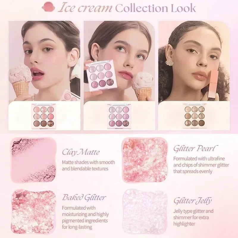Rynx | Ice Cream Eyeshadow Palette Glitter Pink Aegyosal Blush Oat Milk Tea Purple Eyeshadow Cool Tones Korean Makeup Women Cosmetics