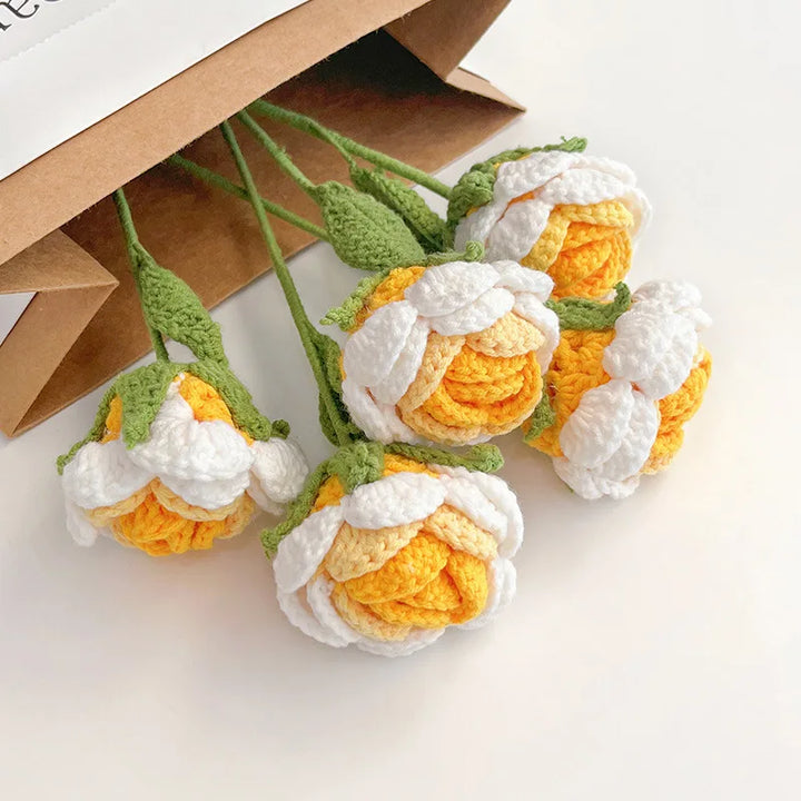 Rynx | 1PC knitted flower rose tulips daisies artificial flower bouquets wedding party decoration hand knitted crochet woven bouquet
