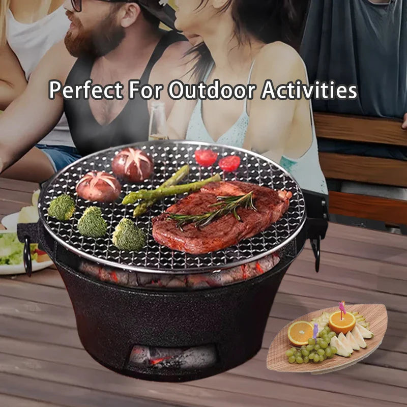 Lisslune | Outdoor Holzkohlegrill Tragbarer Gusseisen BBQ 10-Zoll Oberfläche Camping Picknicks Outdoor Partys Kompaktes Design Zuhause Terrasse Campingplatz