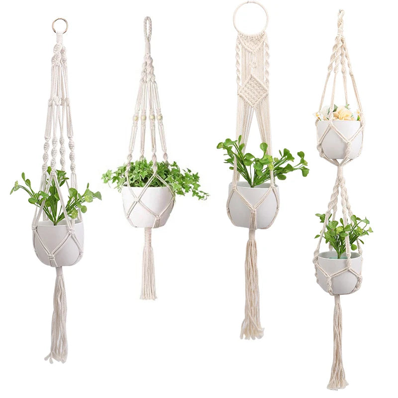 Rynx Macrame Handmade Plant Hanger Baskets Flower Pots Holders Balcony Hanging Decoration Knotted Lifting Rope Garden Supplies