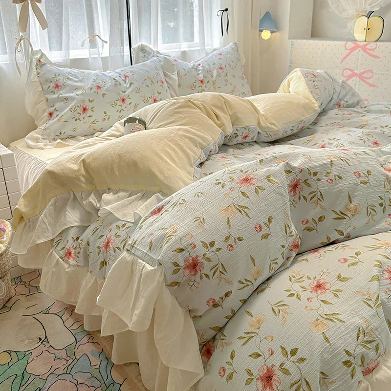 Rynx | Korean Style Flower Bedding Set 2024 New Washed Cotton 4-piece Bed Sheet Set Duvet Cover Set for Girls Bedding Decor Home