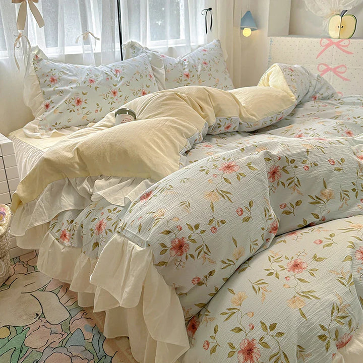 Rynx | Korean Style Flower Bedding Set 2024 New Washed Cotton 4-piece Bed Sheet Set Duvet Cover Set for Girls Bedding Decor Home