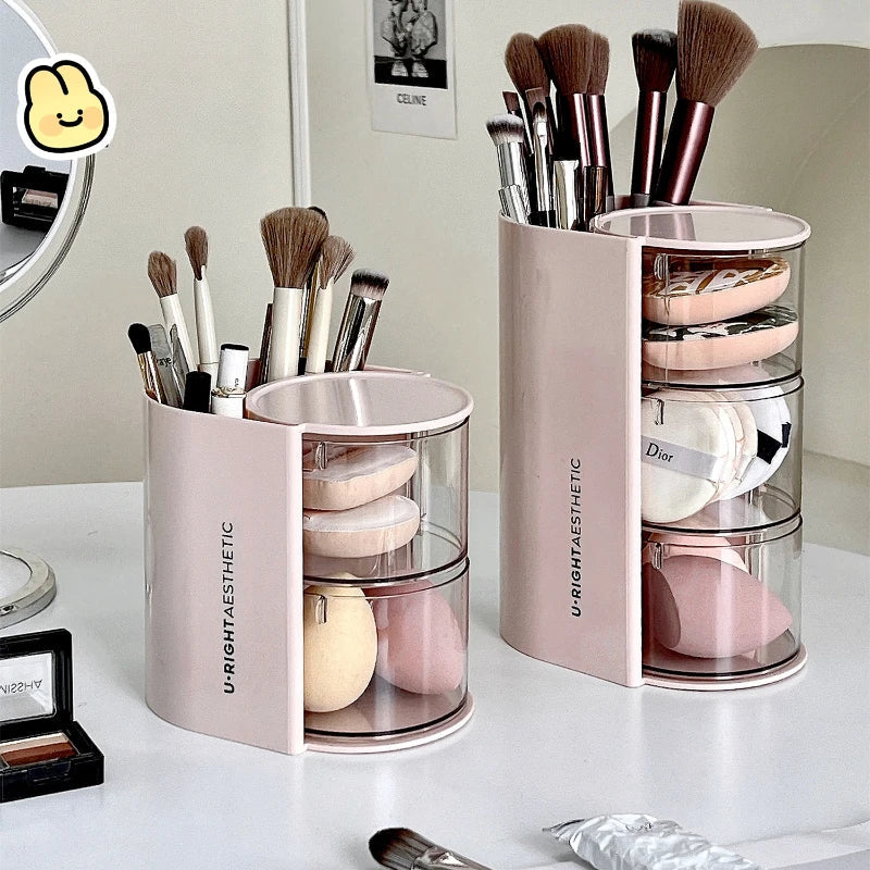 Rynx | Rotatable Powder Puff Storage Box Dustproof Desktop Beauty Egg Air Cushion Shelf Multilayer Lipstick Makeup Brush Storage Rack