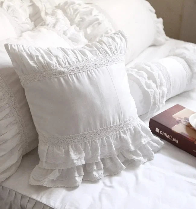 Rynx Super Luxury White Lace Ruffle Square Pillowcase, Wedding Decorative Bedding Textile, Sofa Pillowcase, Princess,