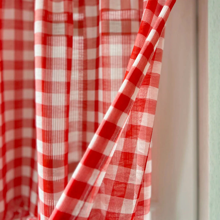 Rynx | Classic red checked ruffle curtain short sheer for kitchen retro soft tulle curtains for bedroom small window coffee half curtain