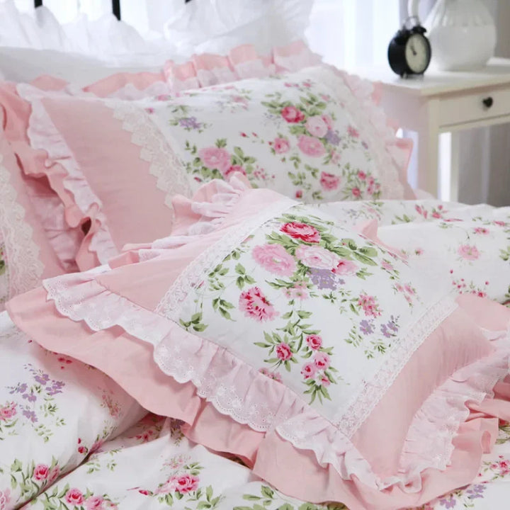 Rynx Elegant Ruffle Lace Decorative Pillowcase European Embroidery Bed Pillowcase Princess Pink Print Pillowcase Sofa Cushion