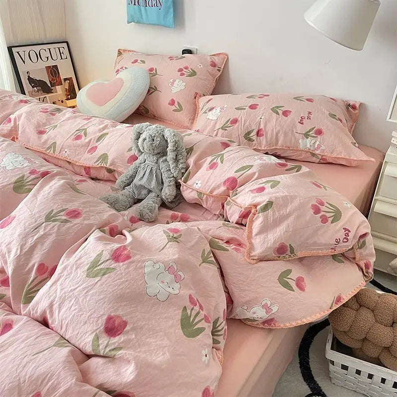 Rynx | Bedding Set Double-Layered Yarn INS Girl Mushroom Soft Washed Cotton Duvet Cover Queen King Size Bedding Pillowcase Bed Sheet