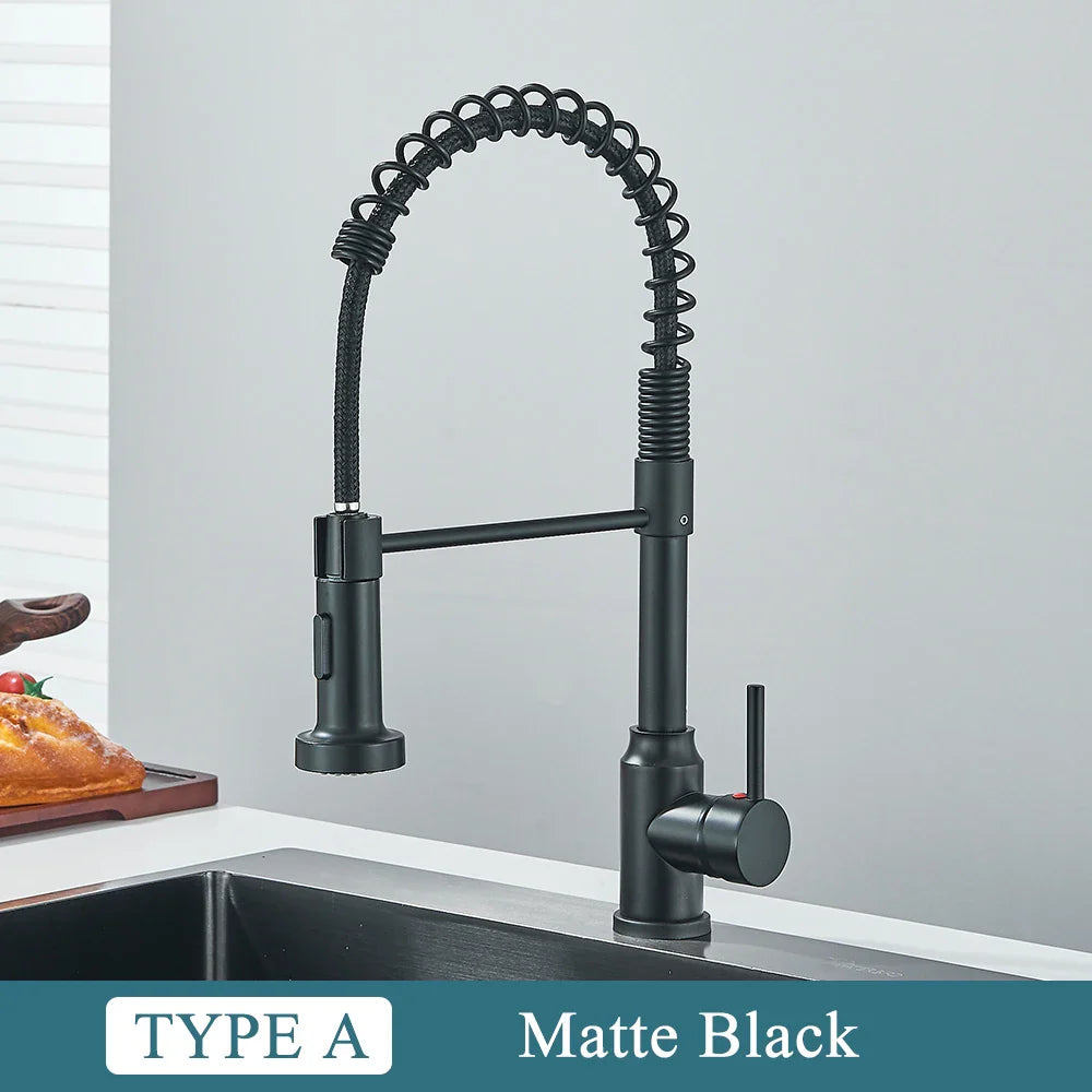 Rynx | Matte Black Kitchen Sink Faucet Single Lever Spring Hot and Cold Water Spout Mount Bathroom Chrome Kitchen Tap