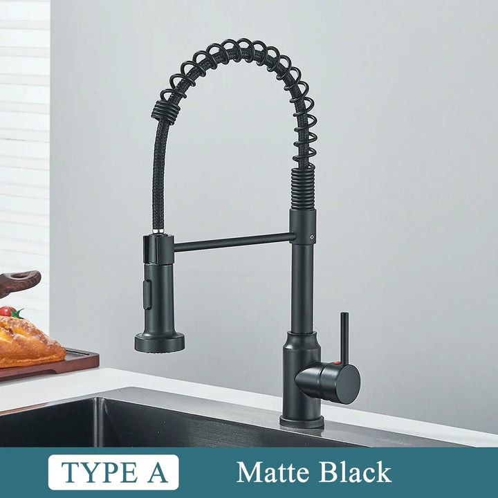 Rynx | Matte Black Kitchen Sink Faucet Single Lever Spring Hot and Cold Water Spout Mount Bathroom Chrome Kitchen Tap