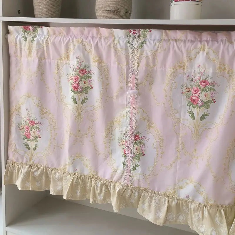 Rynx | Wave Pink Embroidered Flowers Window Panel Living Room Elegant Lace Curtain Panel Lace Band Short Curtains Kitchen