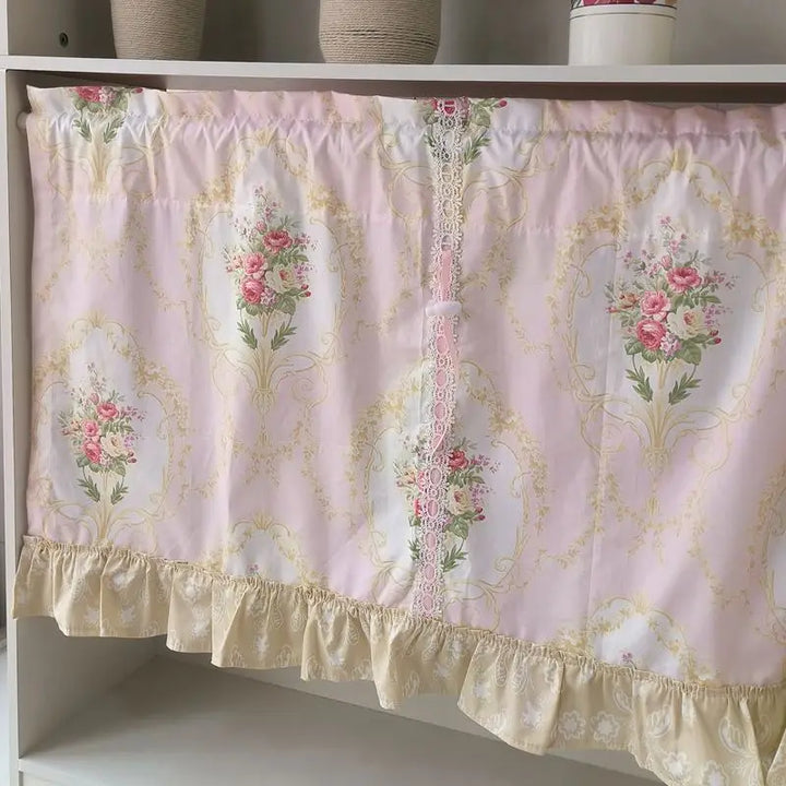 Rynx | Wave Pink Embroidered Flowers Window Panel Living Room Elegant Lace Curtain Panel Lace Band Short Curtains Kitchen