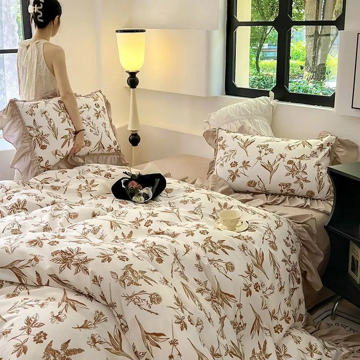 Rynx | French Retro Lightweight Luxury Washed Cotton Four-Piece Set Bedroom Lace Bedding Set Single Bedding Set Dorm Bedding